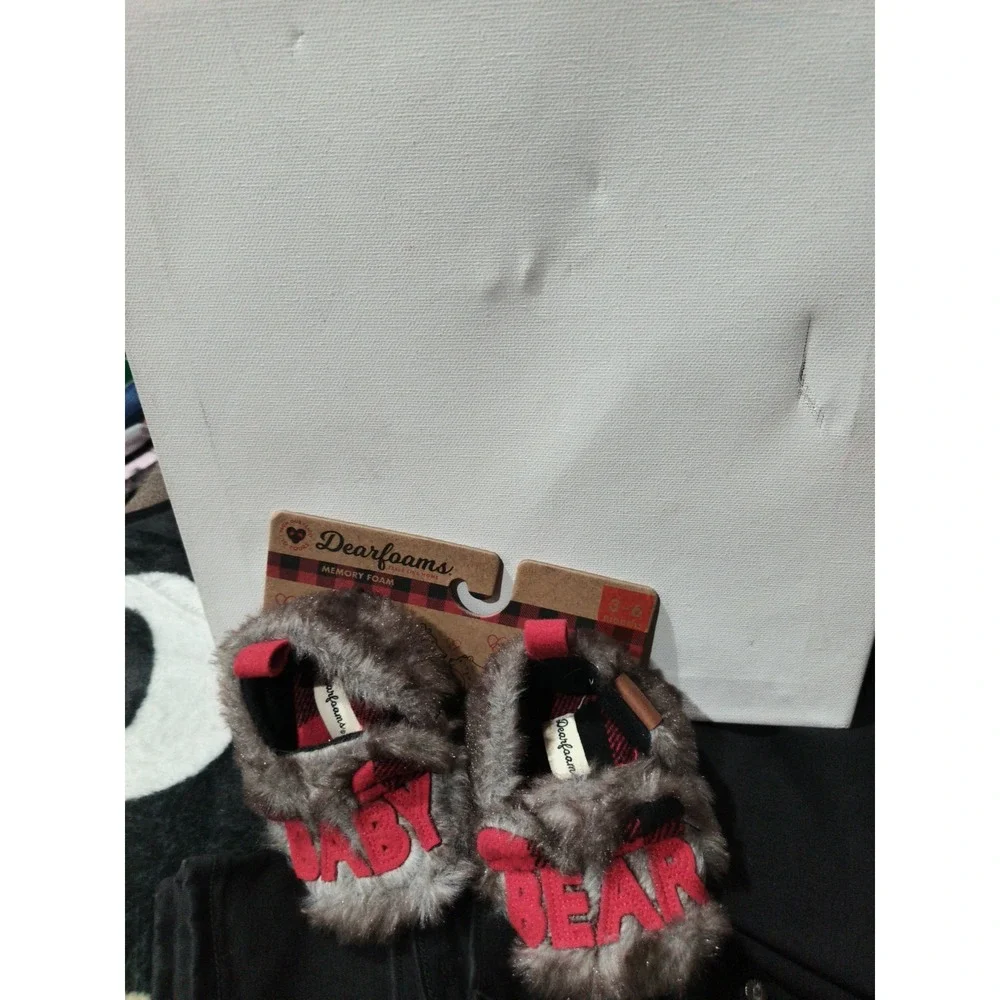 Baby Dearfoams BABY BEAR Applique Brown Faux Fur Fuzzy Slippers 3-6 Months